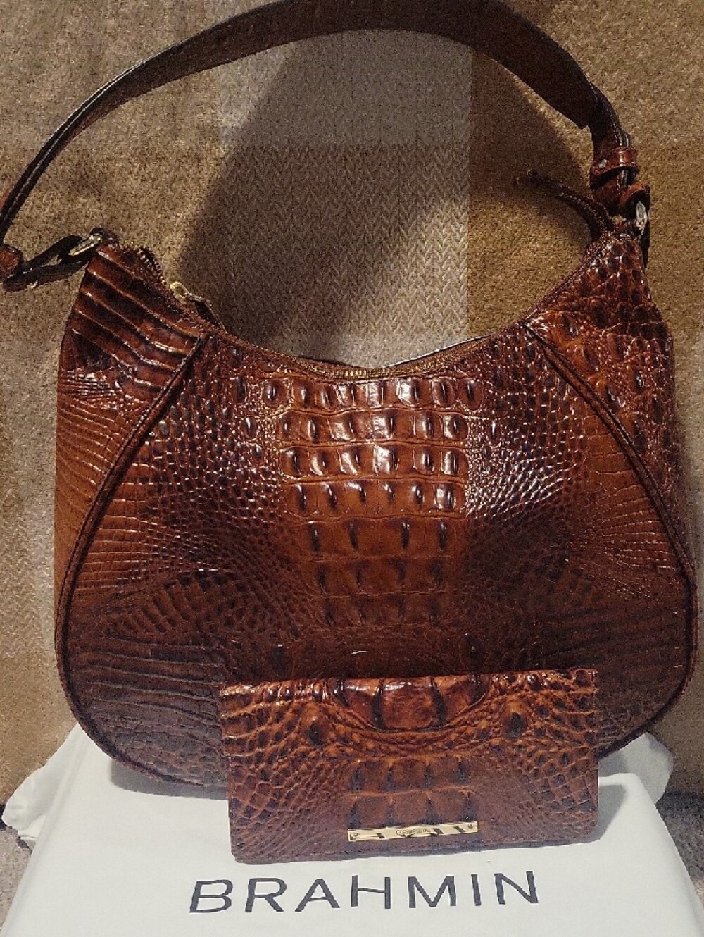 Brahmin Cognac Croc-Embossed Leather Hobo Shoulder Bag - Picture 4 of 4